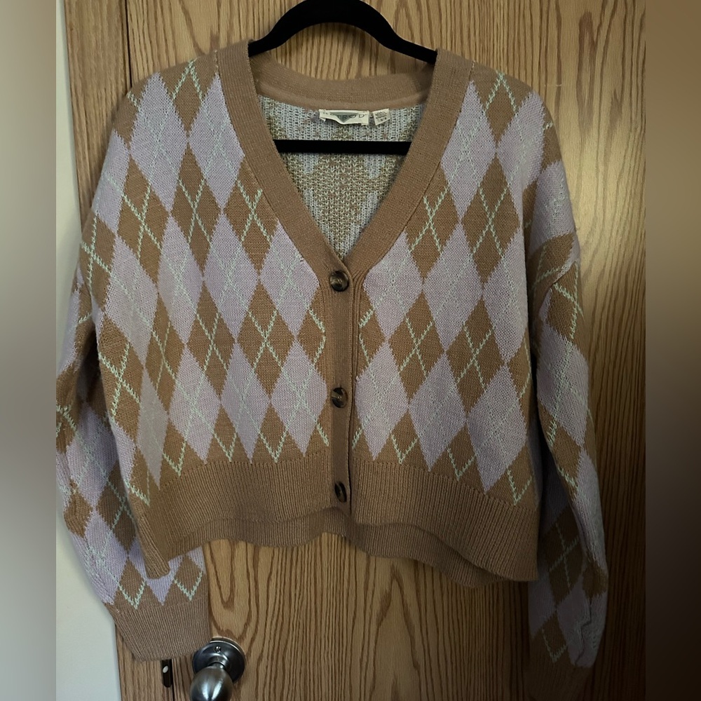 Retrod Argyle Patterned Cardigan Sweater cropped L NWT